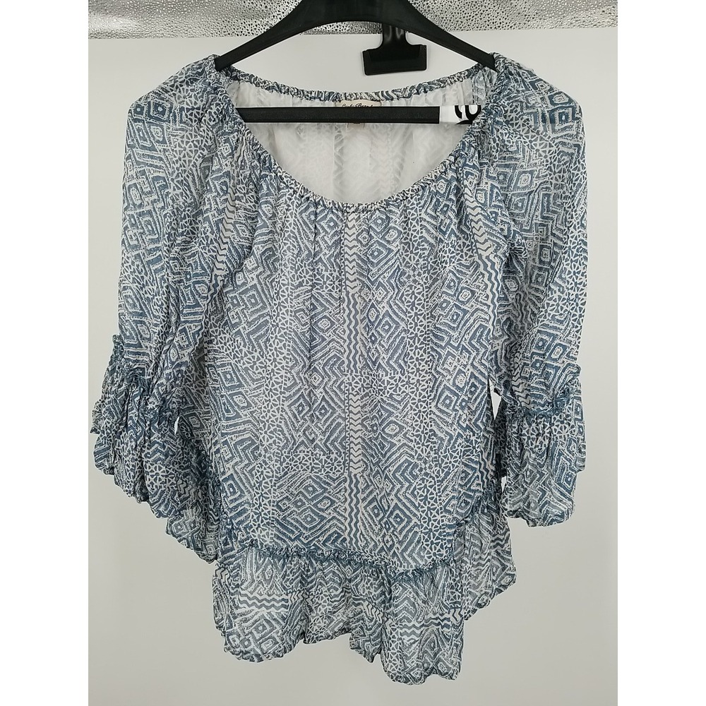 Lucky Brand Womens XS Crop Top Off Shoulder 3/4 Sleeve Blue White Floral Viscose